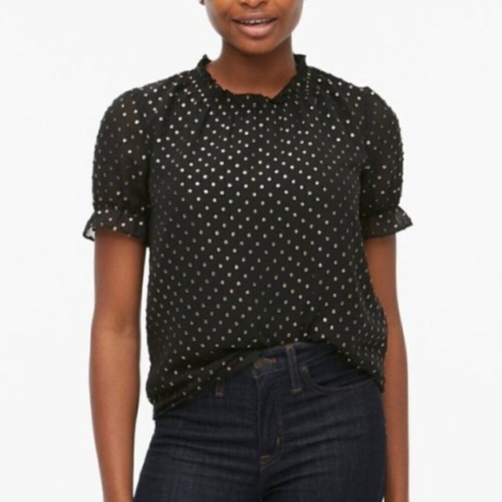J. Crew Black and Gold Ruffleneck Top with Foil Clip Dot Size M